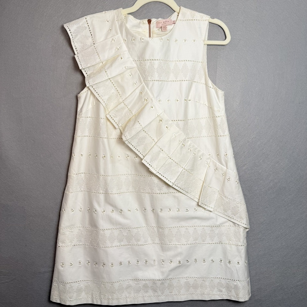 Ted Baker London Embroidered Ruffle Cotton Shift Dress IVORY Size 3